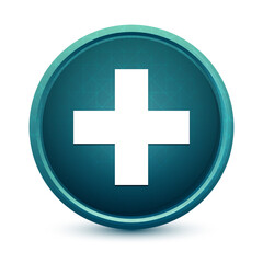 Plus icon shiny light blue round button illustration