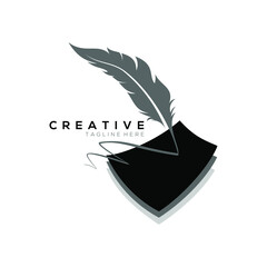 feather pen logo silhouette above 3 stacked square layer vector design template
