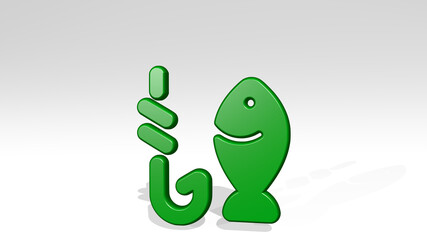 FISHING HOOK FISH made by 3D illustration of a shiny metallic sculpture with the shadow on light background. boat and blue