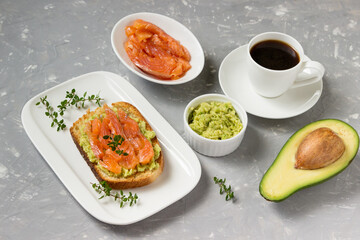 Sandwich for breakfast. Poached egg with smoked salmon, toasted bread , avocado and coffee on a white plate