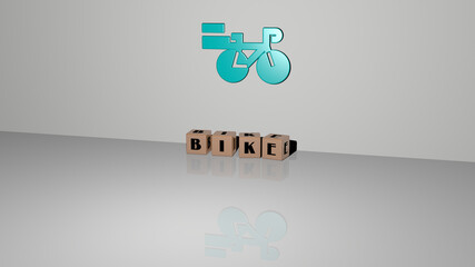 3D representation of bike with icon on the wall and text arranged by metallic cubic letters on a mirror floor for concept meaning and slideshow presentation. bicycle and illustration