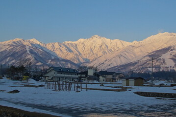 Morning landscape of snowed mountains in northern alps of Japan, Hakuba