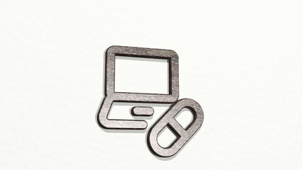 pill laptop made by 3D illustration of a shiny metallic sculpture on a wall with light background. medicine and capsule