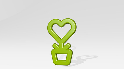 LOVE PLANT POT made by 3D illustration of a shiny metallic sculpture with the shadow on light background. heart and design