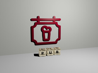 3D representation of pub with icon on the wall and text arranged by metallic cubic letters on a mirror floor for concept meaning and slideshow presentation. beer and bar
