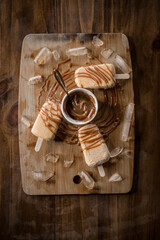 Homemade sweet milk ice cream or popsicles garnished with pieces of ice and, top view