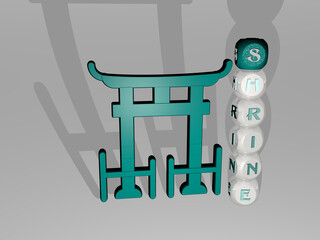 3D representation of shrine with icon on the wall and text arranged by metallic cubic letters on a mirror floor for concept meaning and slideshow presentation. japan and asia