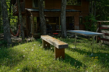 The bench at countryside of Japan, fresh green season
