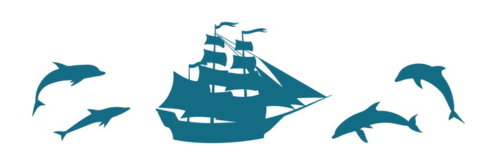 Vector set with old ship and dolphin illustration. Blue silhouette of sea mascot. Marine life cartoon collection