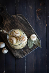 Pickled mushrooms in a glass jar on a dark background. Rustic still life