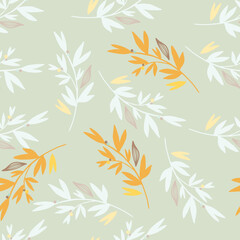 Random seamless pattern with light and orange floral branches. Blue background.