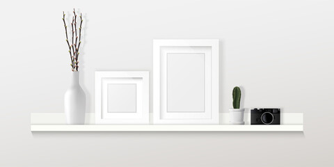 Home interior design Vector illustration, frames, camera and decorations on shelf on white wall