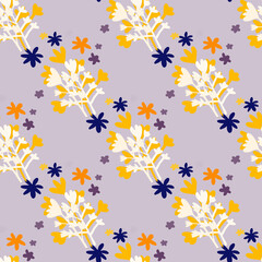 Bright spring seamless pattern with orange and white floral silhouettes and purple daisy flowers. Pastel background.