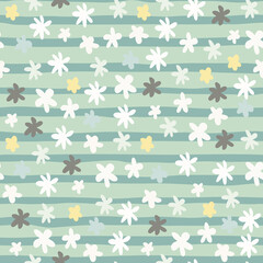 Seamless pastel pattern with botanic abstract elements in white and grey colors. Blue stripped background.