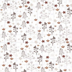 Spring seamless isolated pattern with forest silhouette ornament. White backgound. Purple and burgundy hand drawn elements.