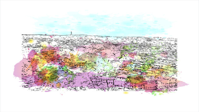 Building view with landmark of Abeokuta is the state capital of Ogun State in southwest Nigeria. Watercolor splash with hand drawn sketch illustration in vector.