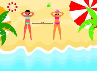Social distancing on the beach flat design