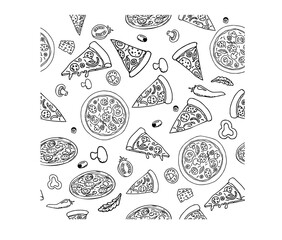 Pizza in different design seamless pattern hand drawn sketch. Doodles Food background stock vector illustration. 