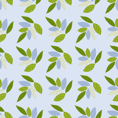 Seamless floral ornament leaves pattern. Green and blue foliage on pastel light background. Spring backdrop.