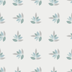 Fototapeta premium Ornament leaves botanic seamless pattern. Pastel blue elements on light background. Floral wallpaper.