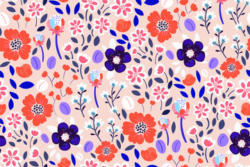 Trendy seamless pattern with flowers, leaves, branches on a bright pastel pink background. Creative Botanical print in a hand-drawn style. Perfect for fabrics, textiles, covers... Vector illustration - 367906358