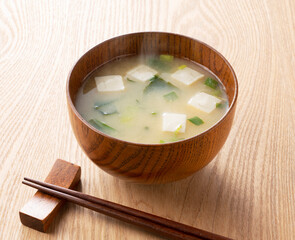 miso soup of tofu and wakame seaweed