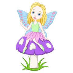 Cartoon fairy sitting on a mushroom 