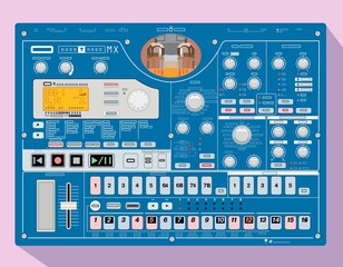 Tube synthesizer with sampler and groovebox functions. Vector illustration of equipment for electronic music. Nightlife theme. Picture to be applied to a T-shirt. A machine for a warm sound.
