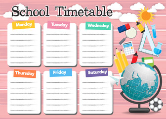 School timetable template with school supplies.