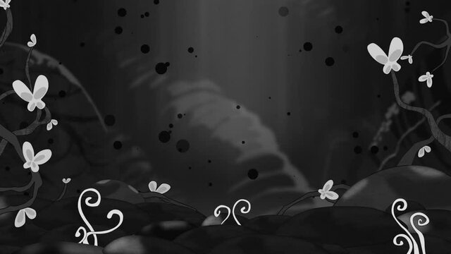 2D animated landscape, in black and white, floating particles, plants and butterflies move. Loop animation, vector, illustration, flat style, background