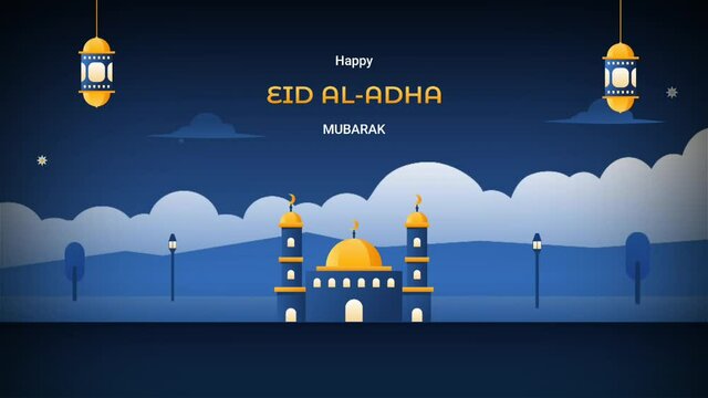 Eid al-Adha Mubarak Animation. Vector illustration of Islamic motion graphics with beautiful mosque design, star, moon and antique lantern