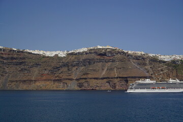 the beautiful town on the cliff and the ferry, Santorini island in Greece, Europe