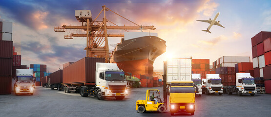 forklift handling container box loading to truck in import export logistic, Business logistics...