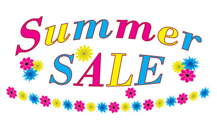 Summer sale banner, floral decor and lettering isolated on white background, flat design, vector illustration.