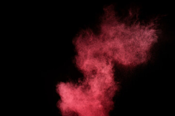 Red and pink powder explosion on black background. Colored powder cloud. Colorful dust explode. Paint Holi.