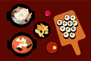 illustration of the appearance of Korean food. illustration of bbq and other popular korean food. The best view of Korean food. Put fried chicken or barbecue wings sprinkled with chili sauce and leeks