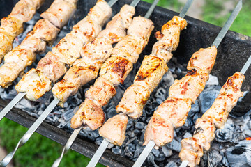 Meat grilling on the brazier. Selective focus.