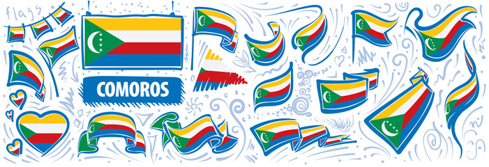 Vector set of the national flag of Comoros in various creative designs