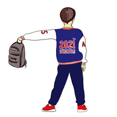 schoolboy with backpack on outstretched arm with inscription on jacket seniors and year number
