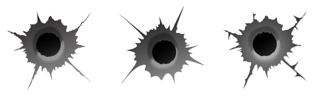 Bullet hole on white background. Set of realisic metal bullet hole, damage effect. Vector illustration.