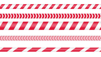 Red police tape, crime danger line. Caution police lines isolated. Warning tapes. Set of red warning ribbons. Vector illustration on white background.