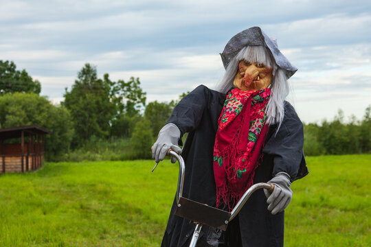 Old Baba Yaga, a witch with white hair and a hat on a Bicycle against a summer green field.