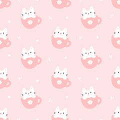 Cute cat in a cup of coffee seamless pattern background