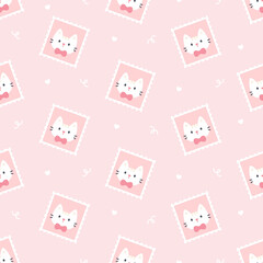 Cute cat postage stamp seamless pattern background