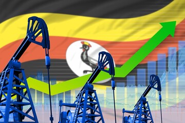 growing graph on Uganda flag background - industrial illustration of Uganda oil industry or market concept. 3D Illustration