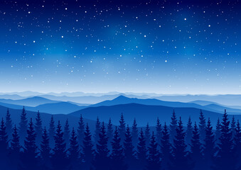 Fototapeta na wymiar Mountain scene with coniferous forest on starry sky background - night horizontal landscape for poster and banner design