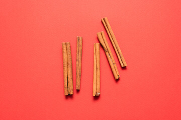 Cinnamon sticks on the red flat lay background.