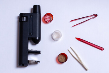 School kids microscope and equipment on white background top view flat lay. The concept of education, back to school