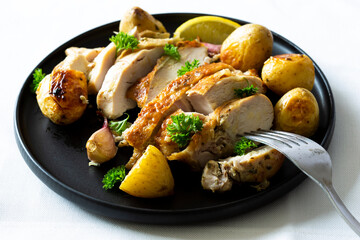 Greek Style Roasted Chicken, Potatoes, Parsely and Lemon