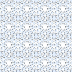 White snowflakes on pale blue background, damask ornament seamless pattern. Paper cut style - 367925381